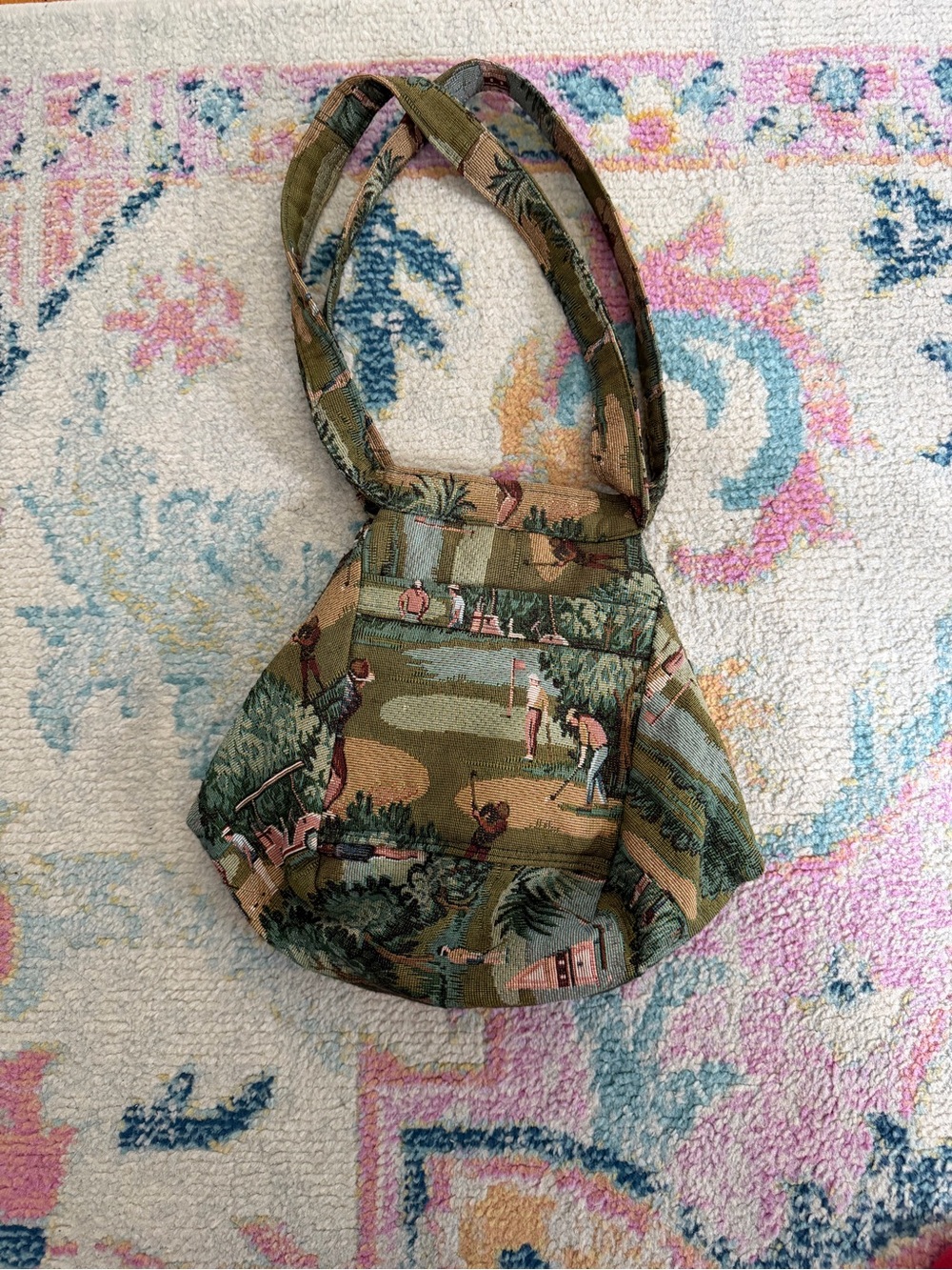 Vintage-Style Golf Scene Tapestry Mini Shoulder Bag in Olive Green